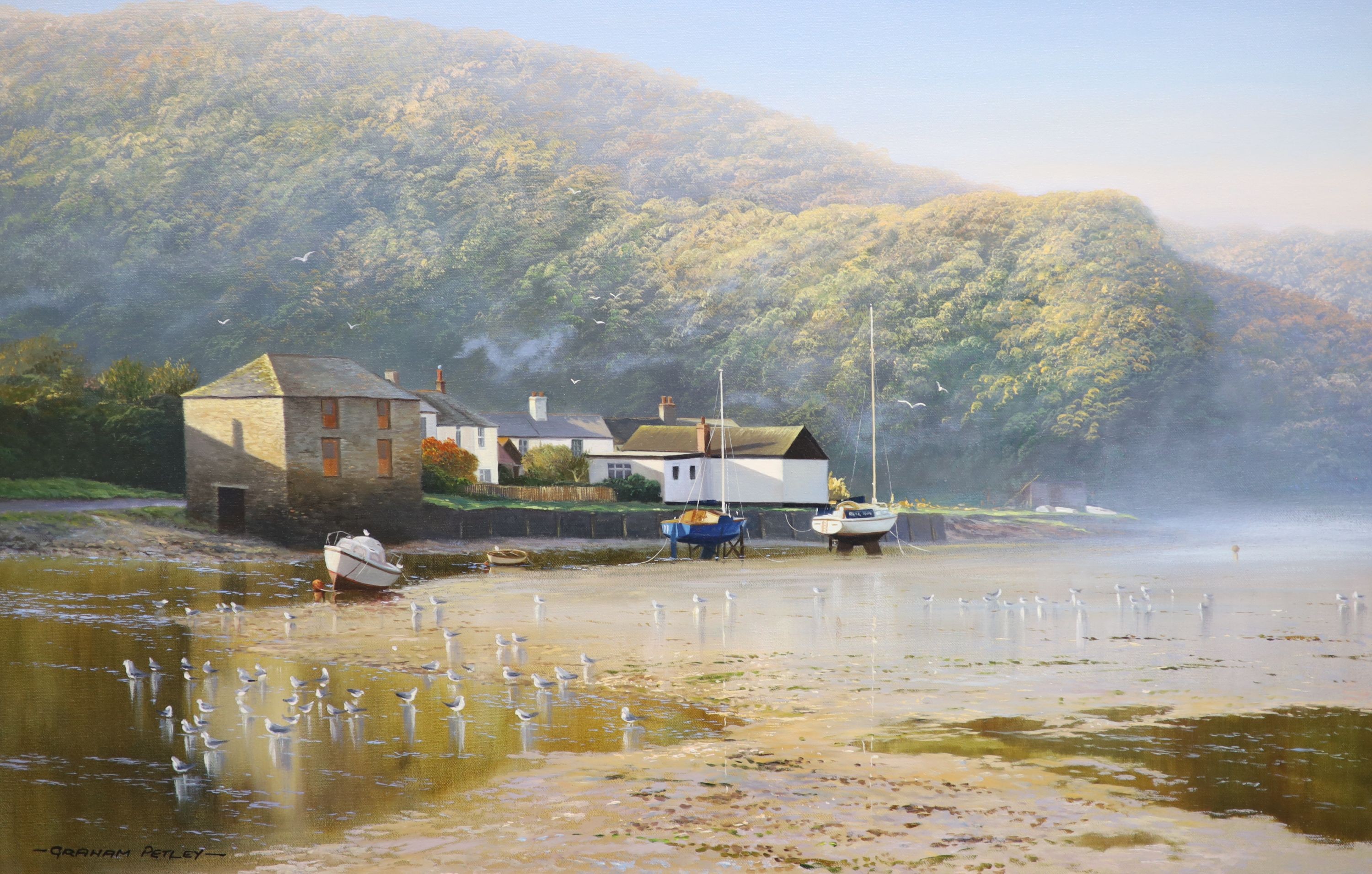 Graham Petley (b.1944), ‘Low tide, Lerryn, Cornwall’, Oil on canvas, 50 x 75cm.